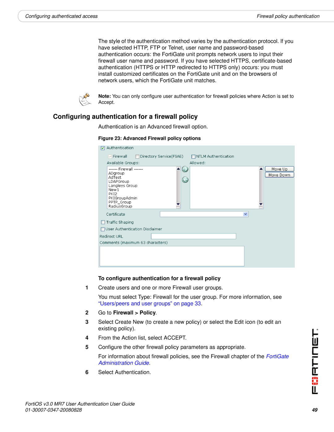 Fortinet v3.0 MR7 manual Configuring authentication for a firewall policy, Authentication is an Advanced firewall option 