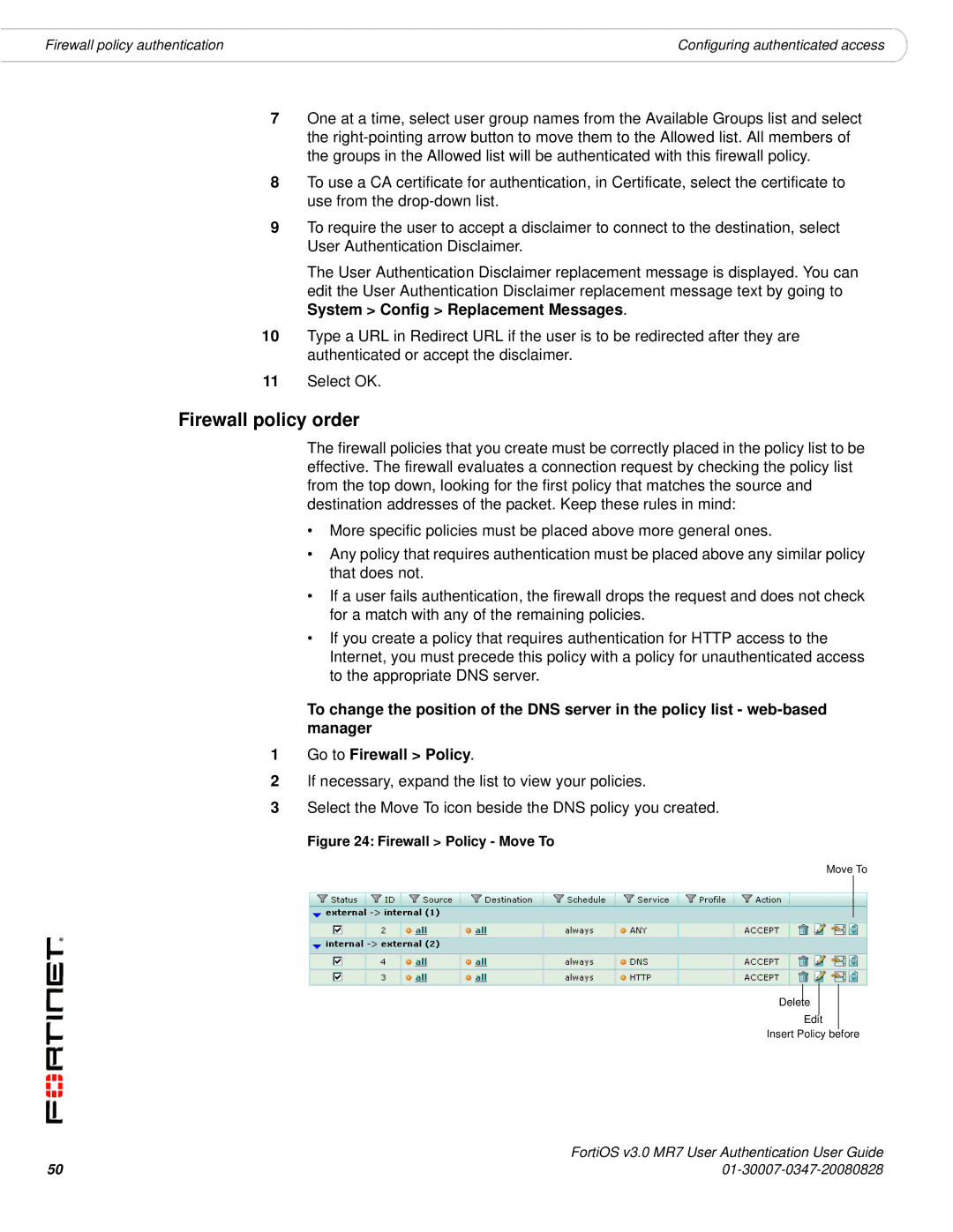 Fortinet v3.0 MR7 manual Firewall policy order, Firewall Policy Move To 