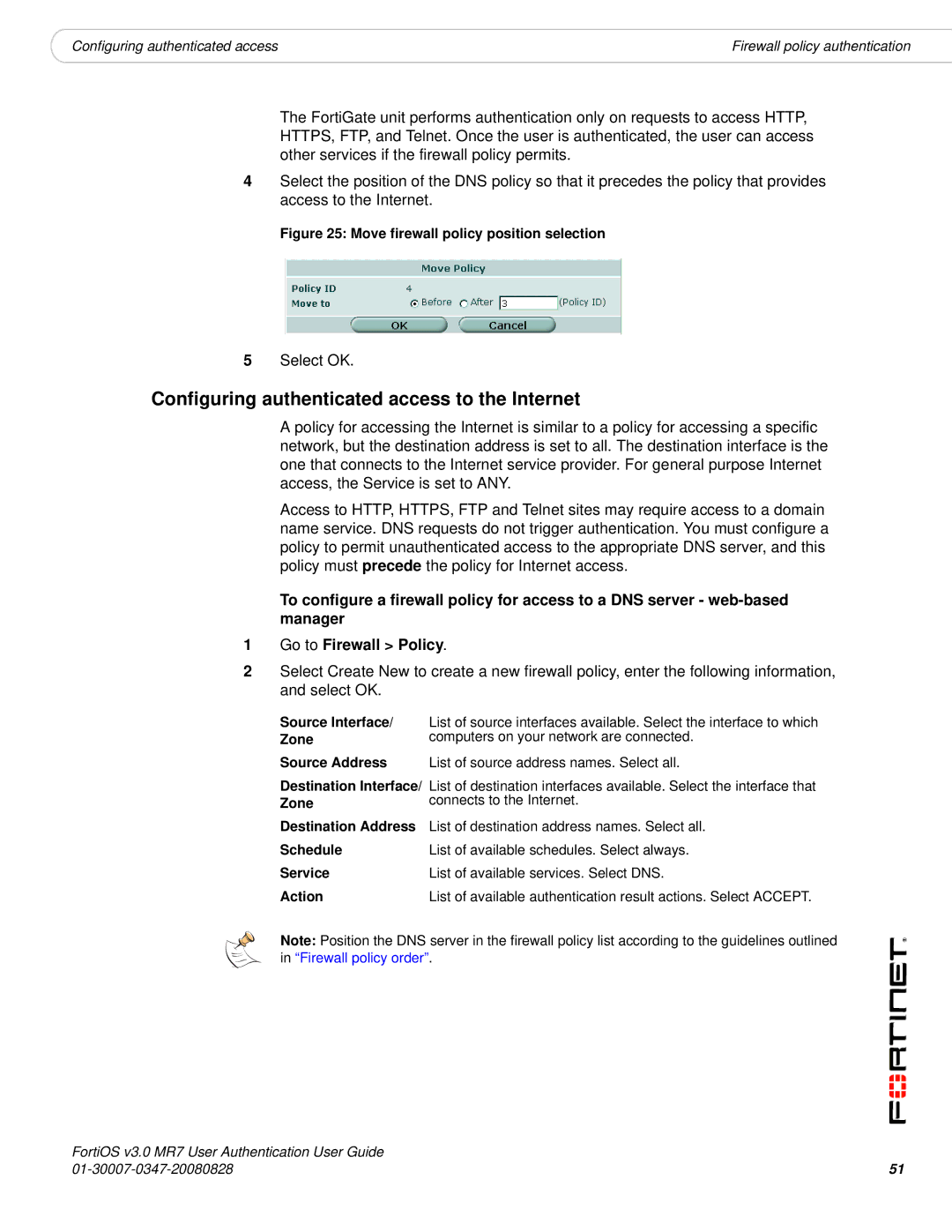 Fortinet v3.0 MR7 manual Configuring authenticated access to the Internet, Source Interface, Zone 