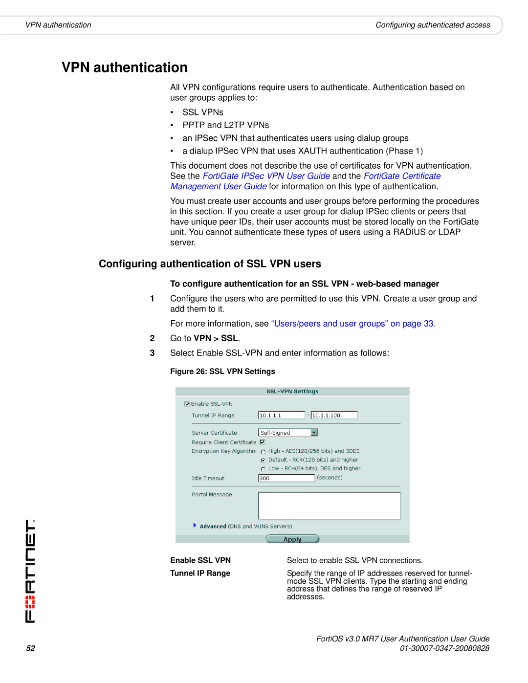 Fortinet v3.0 MR7 manual VPN authentication, Configuring authentication of SSL VPN users, Go to VPN SSL, Tunnel IP Range 