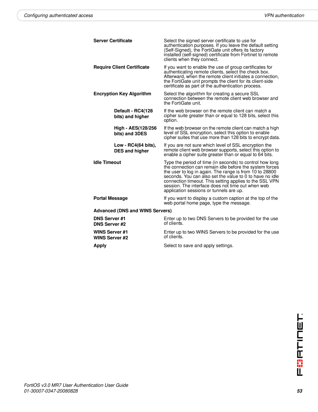 Fortinet v3.0 MR7 Server Certificate, Require Client Certificate, Encryption Key Algorithm, Default RC4128, Portal Message 