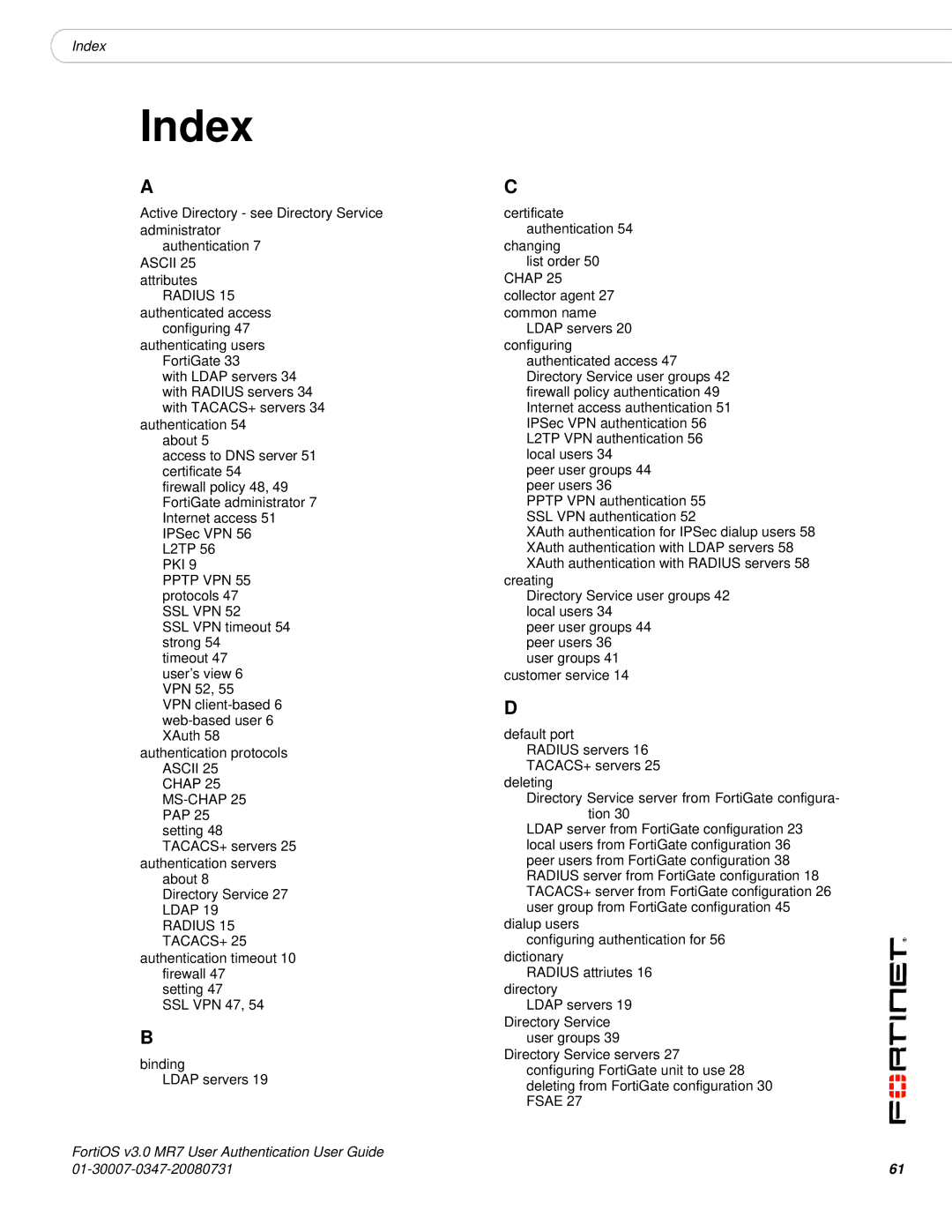 Fortinet v3.0 MR7 manual Index 