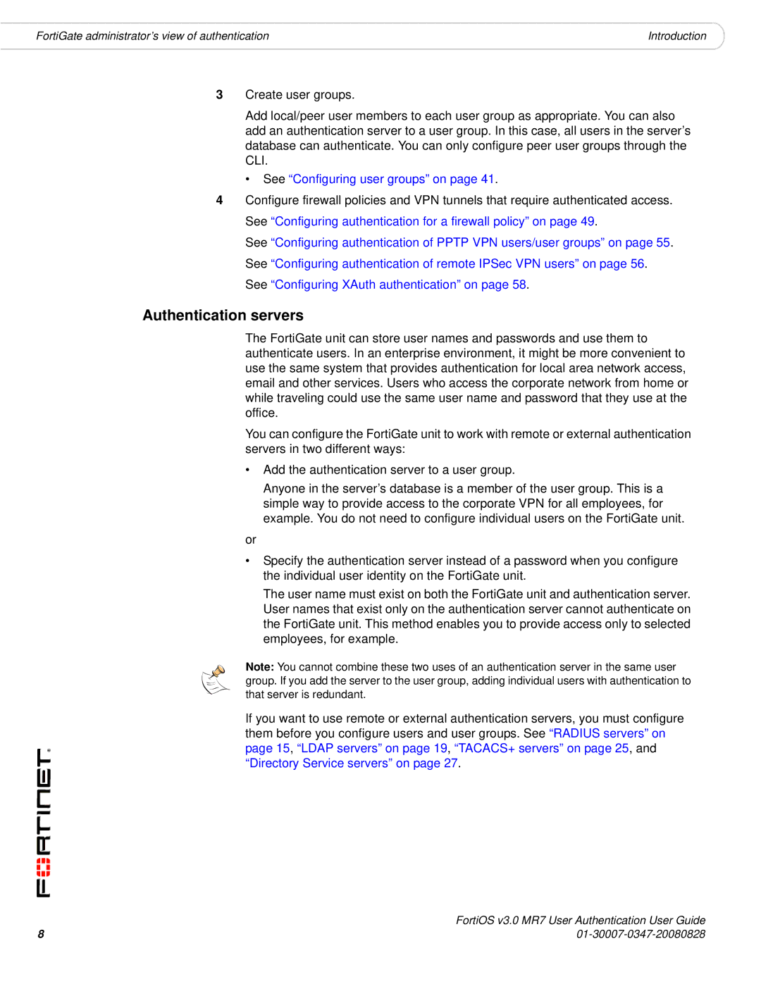 Fortinet v3.0 MR7 manual Authentication servers, See Configuring user groups on 