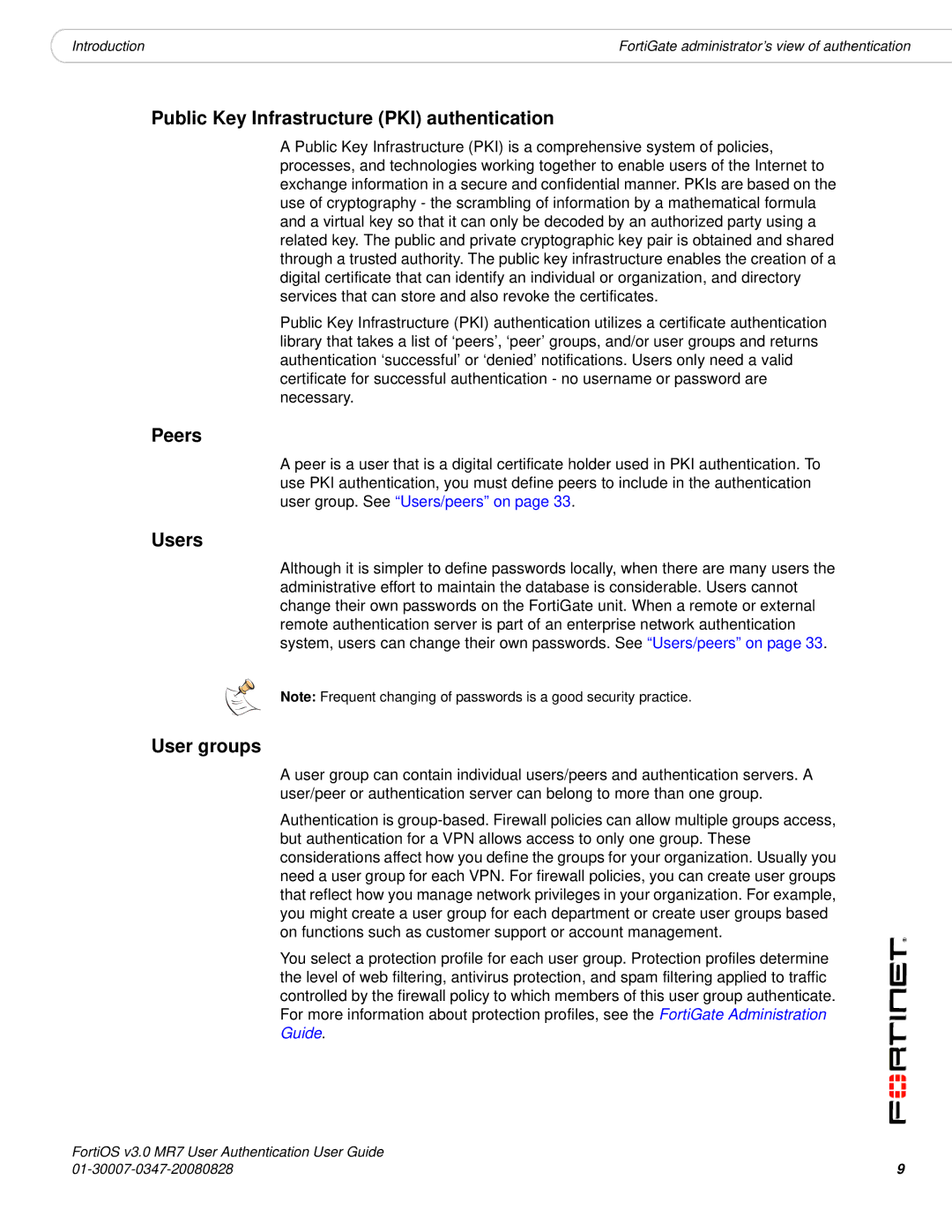 Fortinet v3.0 MR7 manual Public Key Infrastructure PKI authentication, Peers, Users, User groups 