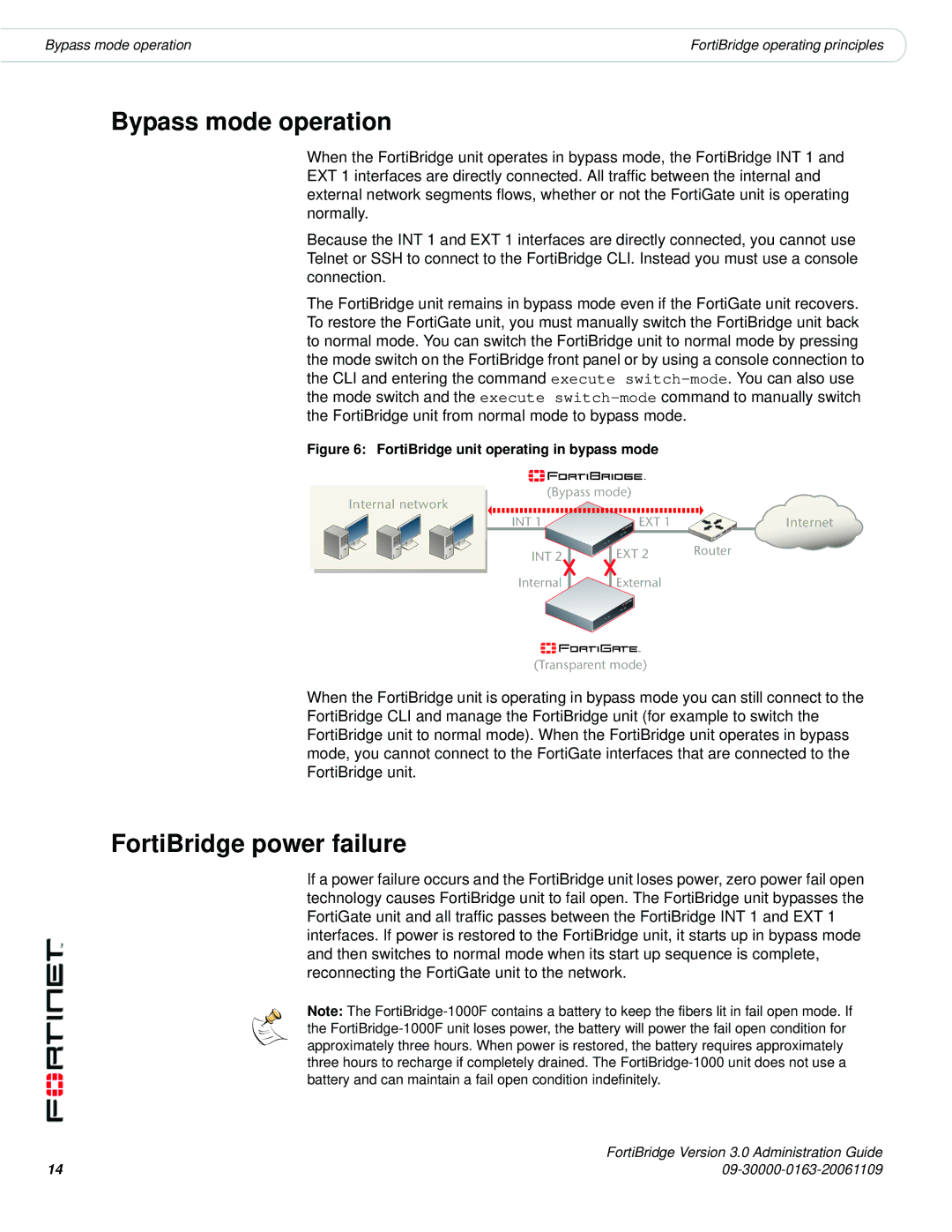 Fortinet Version 3.0 manual Bypass mode operation, FortiBridge power failure 