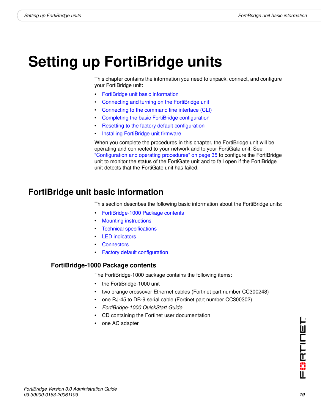 Fortinet Version 3.0 manual FortiBridge unit basic information, FortiBridge-1000 Package contents 