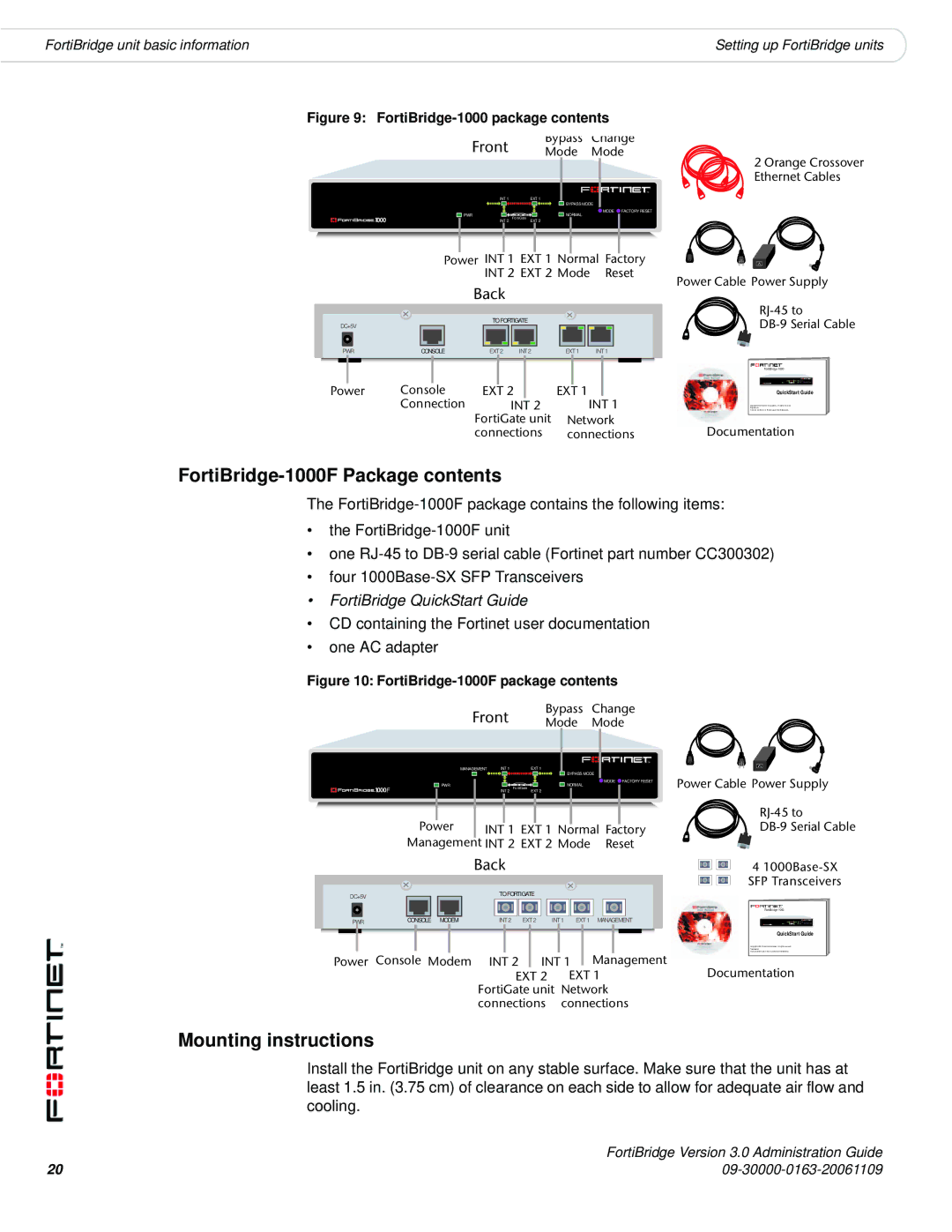 Fortinet Version 3.0 manual FortiBridge-1000F Package contents, Mounting instructions 