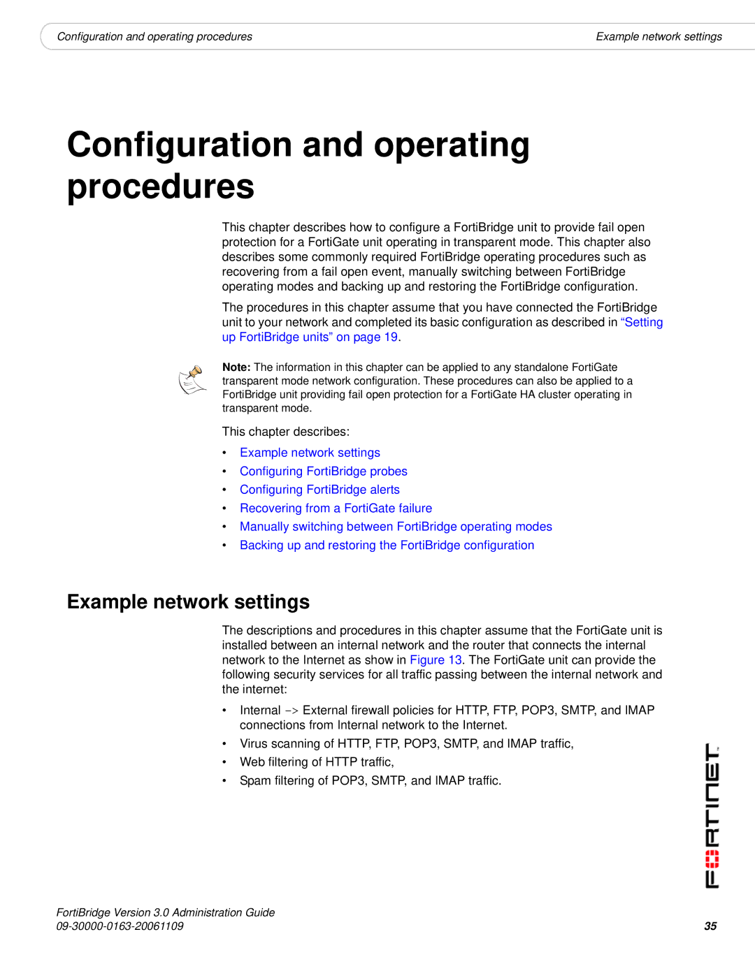 Fortinet Version 3.0 manual Configuration and operating procedures, Example network settings 