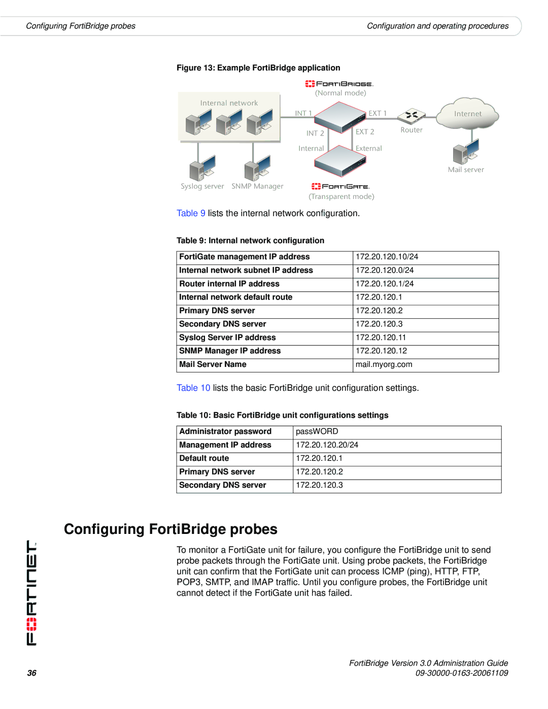 Fortinet Version 3.0 manual Configuring FortiBridge probes 