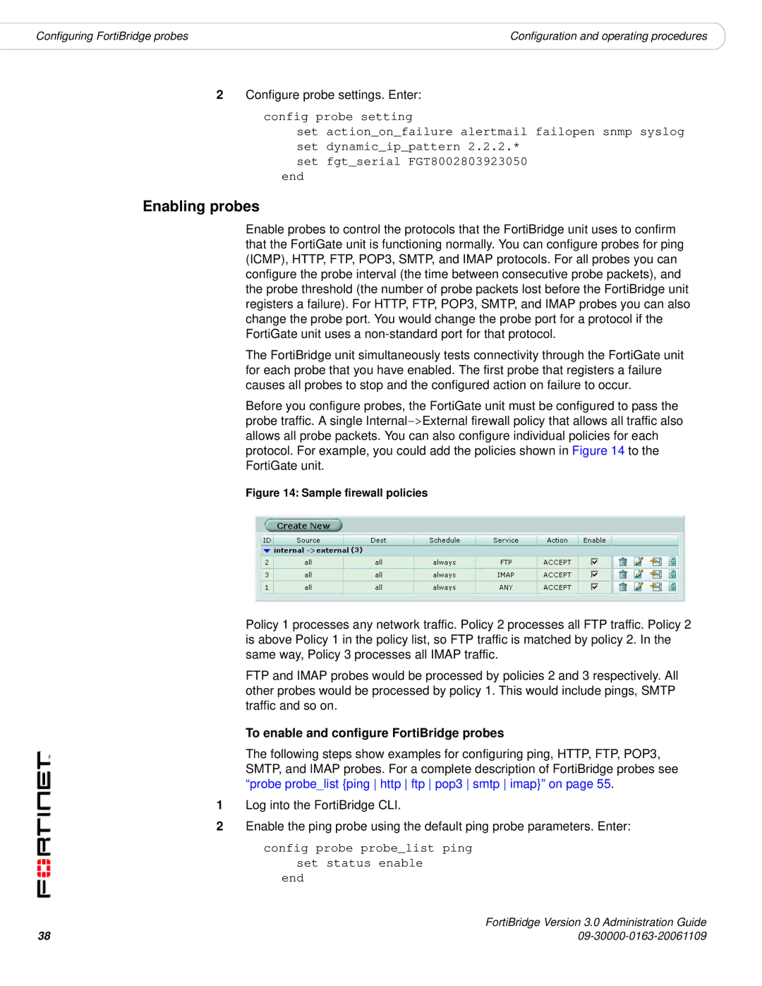 Fortinet Version 3.0 manual Enabling probes, To enable and configure FortiBridge probes 