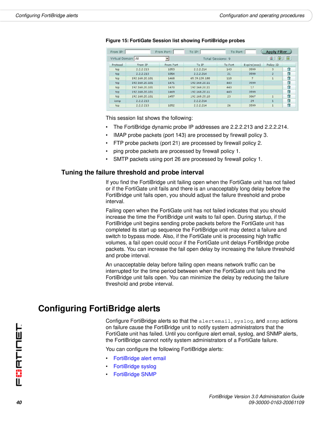 Fortinet Version 3.0 manual Configuring FortiBridge alerts, Tuning the failure threshold and probe interval 