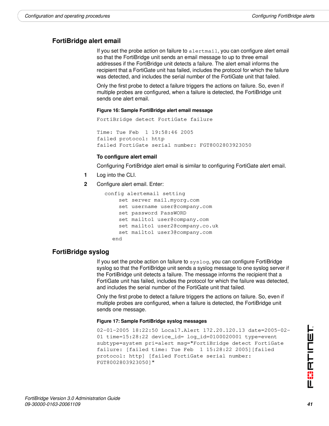 Fortinet Version 3.0 manual FortiBridge alert email, FortiBridge syslog, To configure alert email 