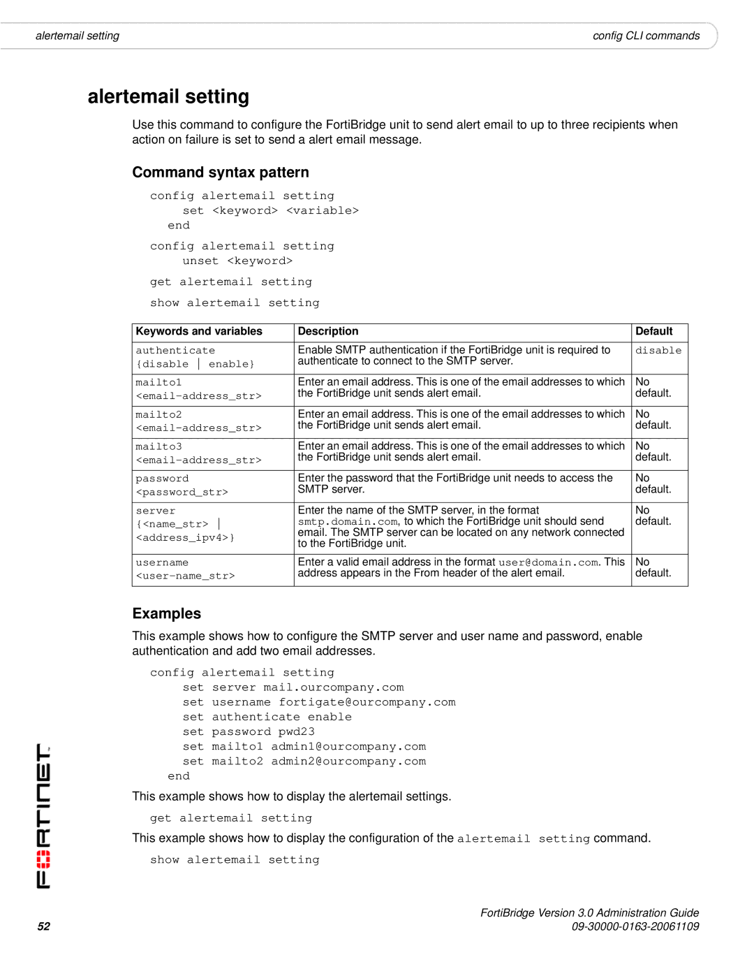 Fortinet Version 3.0 manual Alertemail setting, Command syntax pattern, Examples 