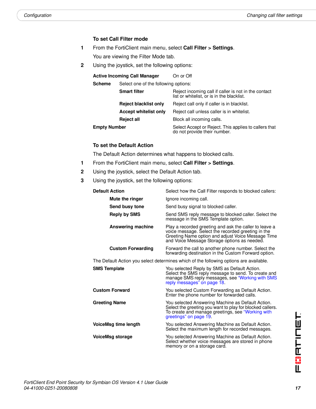 Fortinet Version 4.1 manual To set Call Filter mode, To set the Default Action 