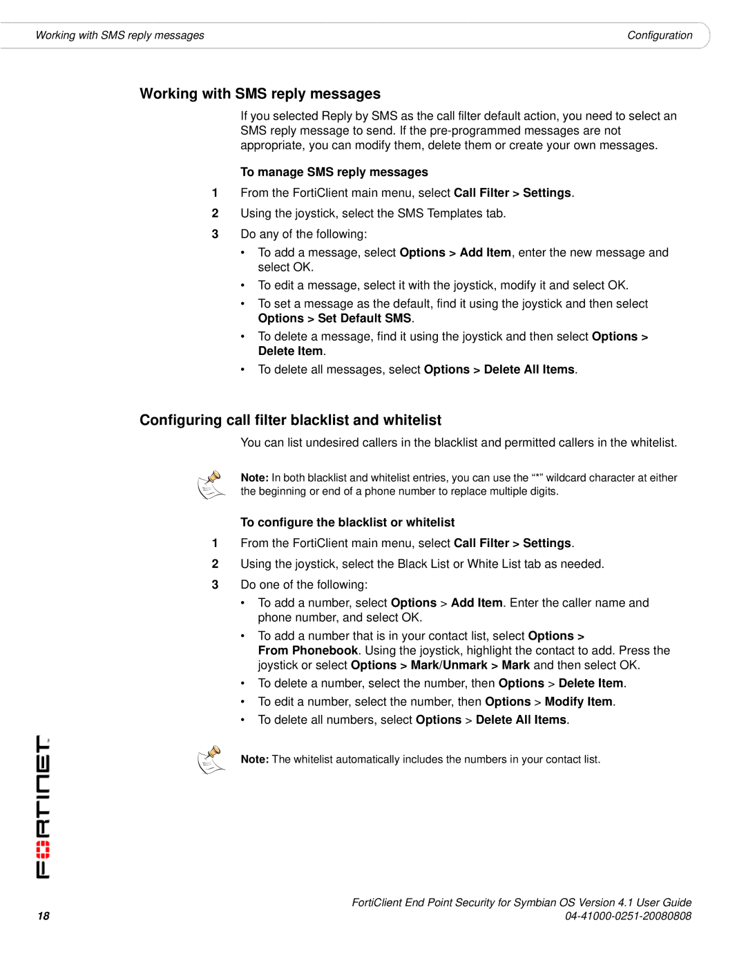 Fortinet Version 4.1 manual Working with SMS reply messages, Configuring call filter blacklist and whitelist 