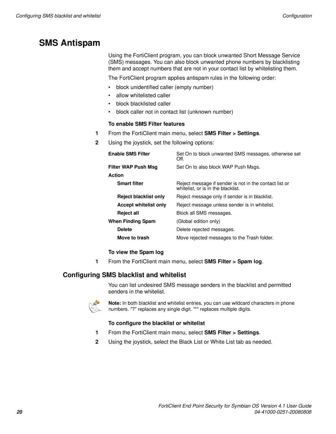 Fortinet Version 4.1 manual SMS Antispam, Configuring SMS blacklist and whitelist, To enable SMS Filter features 