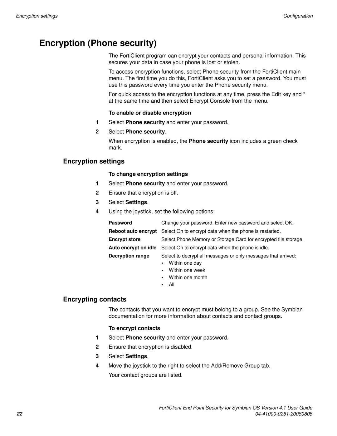 Fortinet Version 4.1 manual Encryption Phone security, Encryption settings, Encrypting contacts 