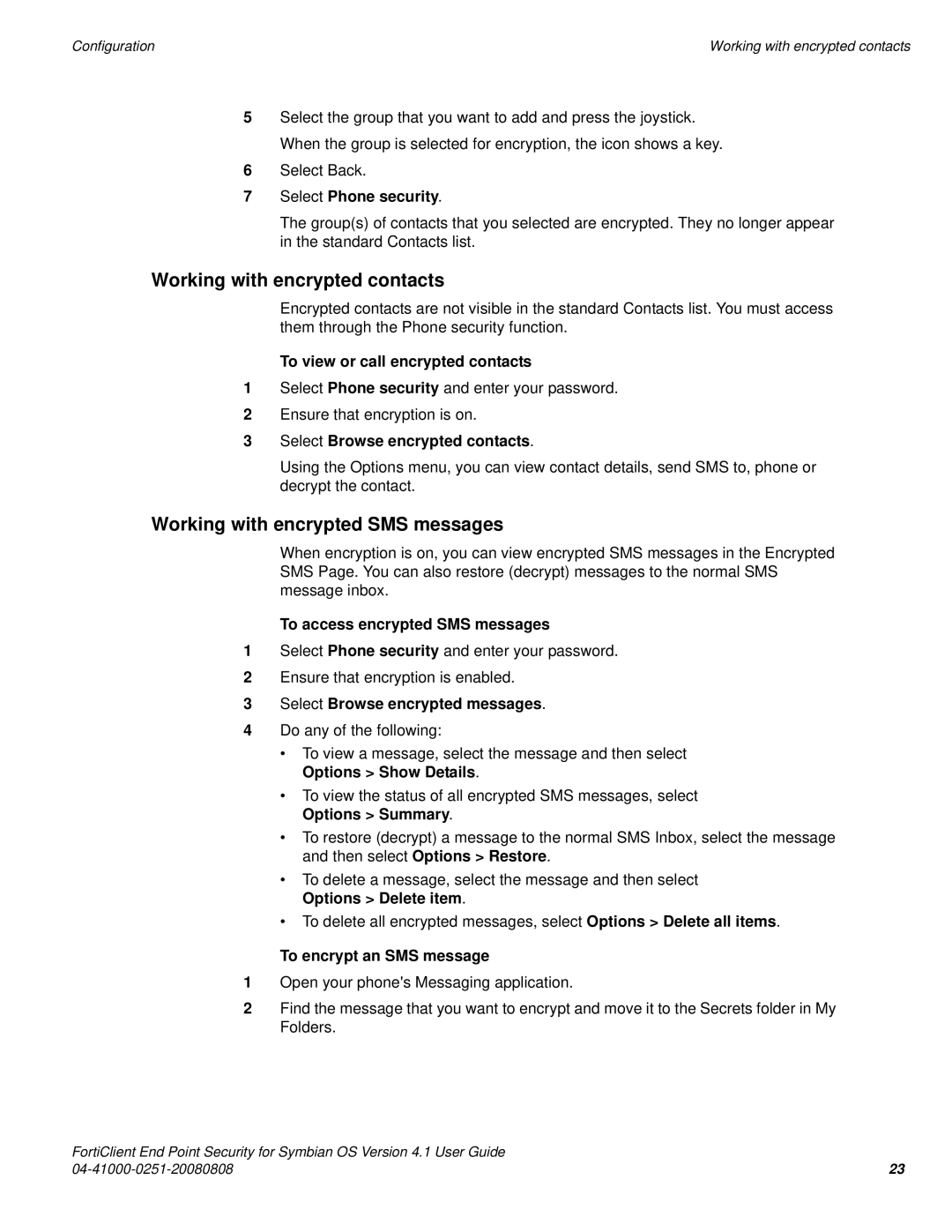 Fortinet Version 4.1 manual Working with encrypted contacts, Working with encrypted SMS messages 