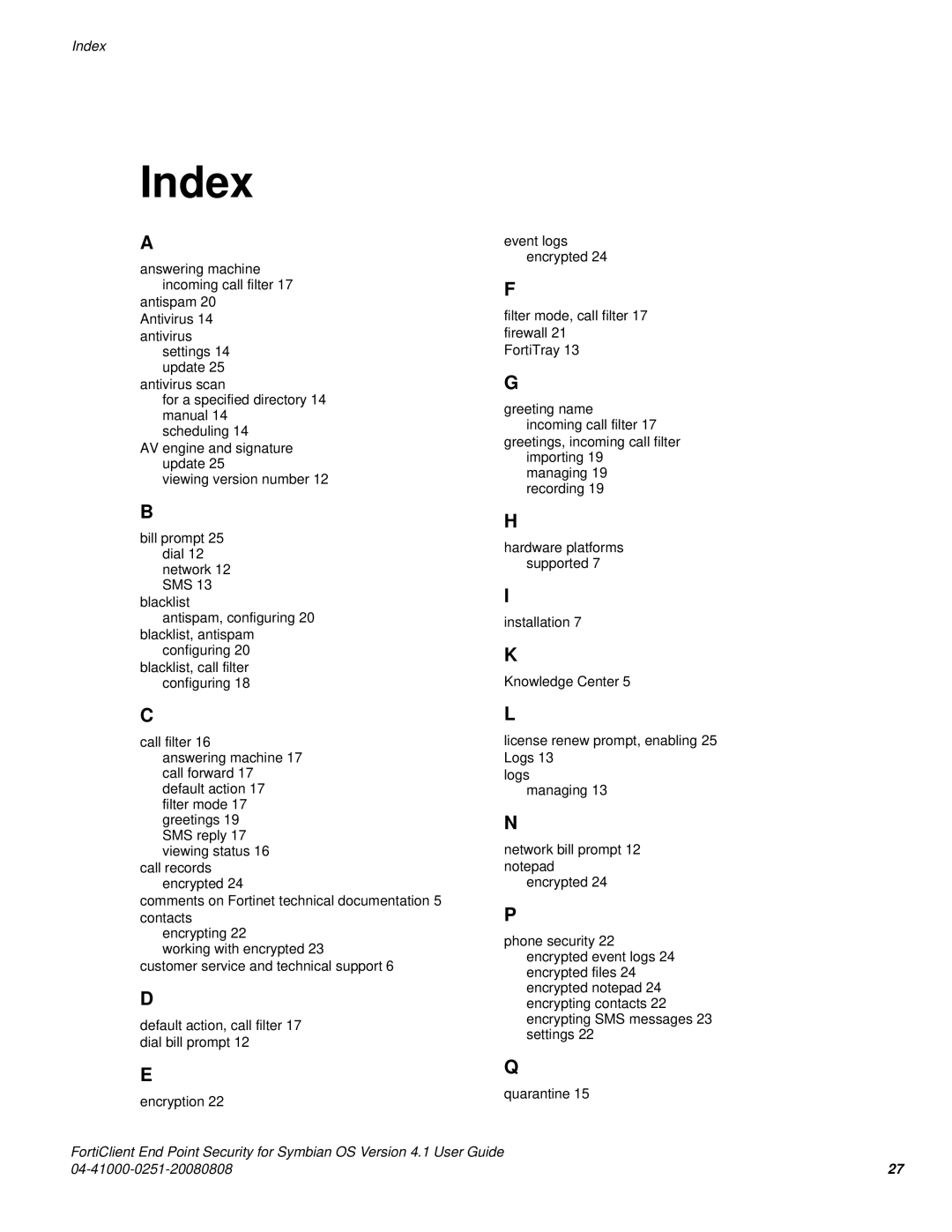 Fortinet Version 4.1 manual Index, Encryption 