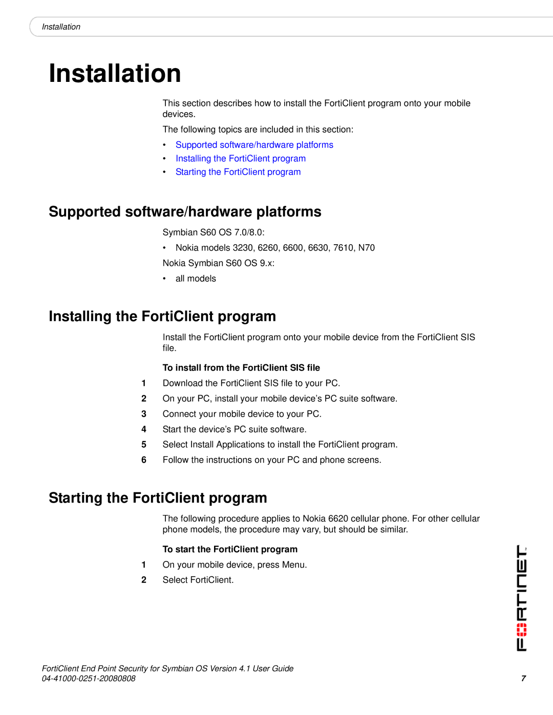 Fortinet Version 4.1 manual Supported software/hardware platforms, Installing the FortiClient program 