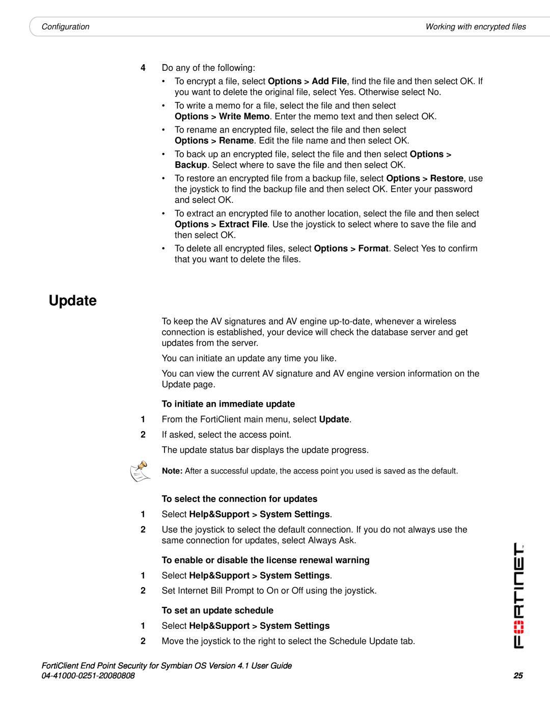 Fortinet Version 4.1 manual Update, To initiate an immediate update, To select the connection for updates 
