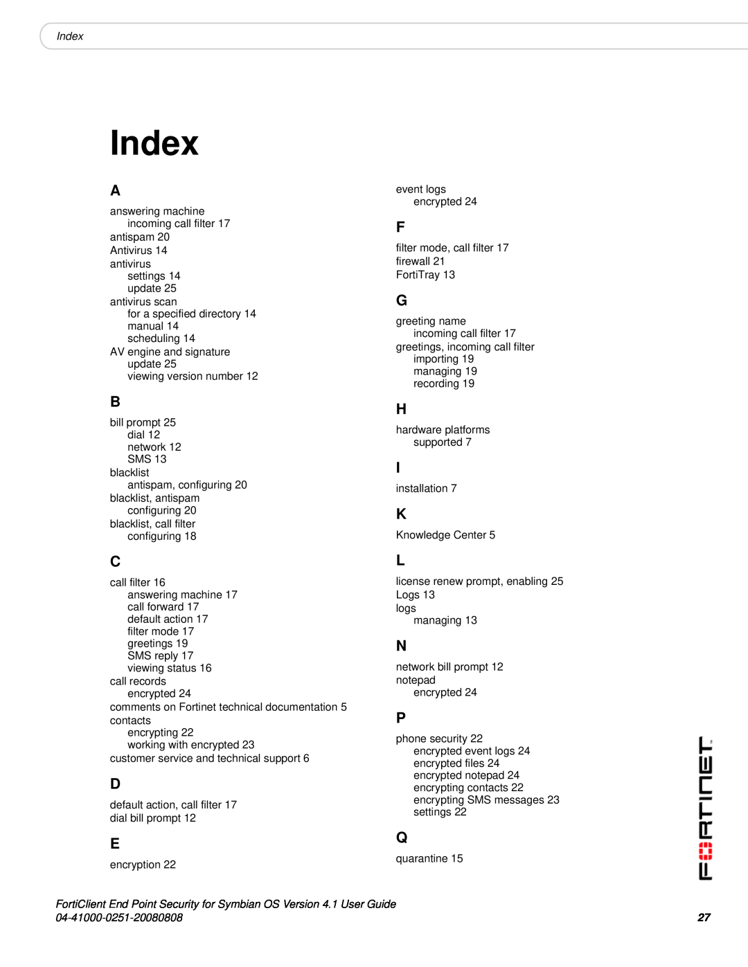 Fortinet Version 4.1 manual Index 