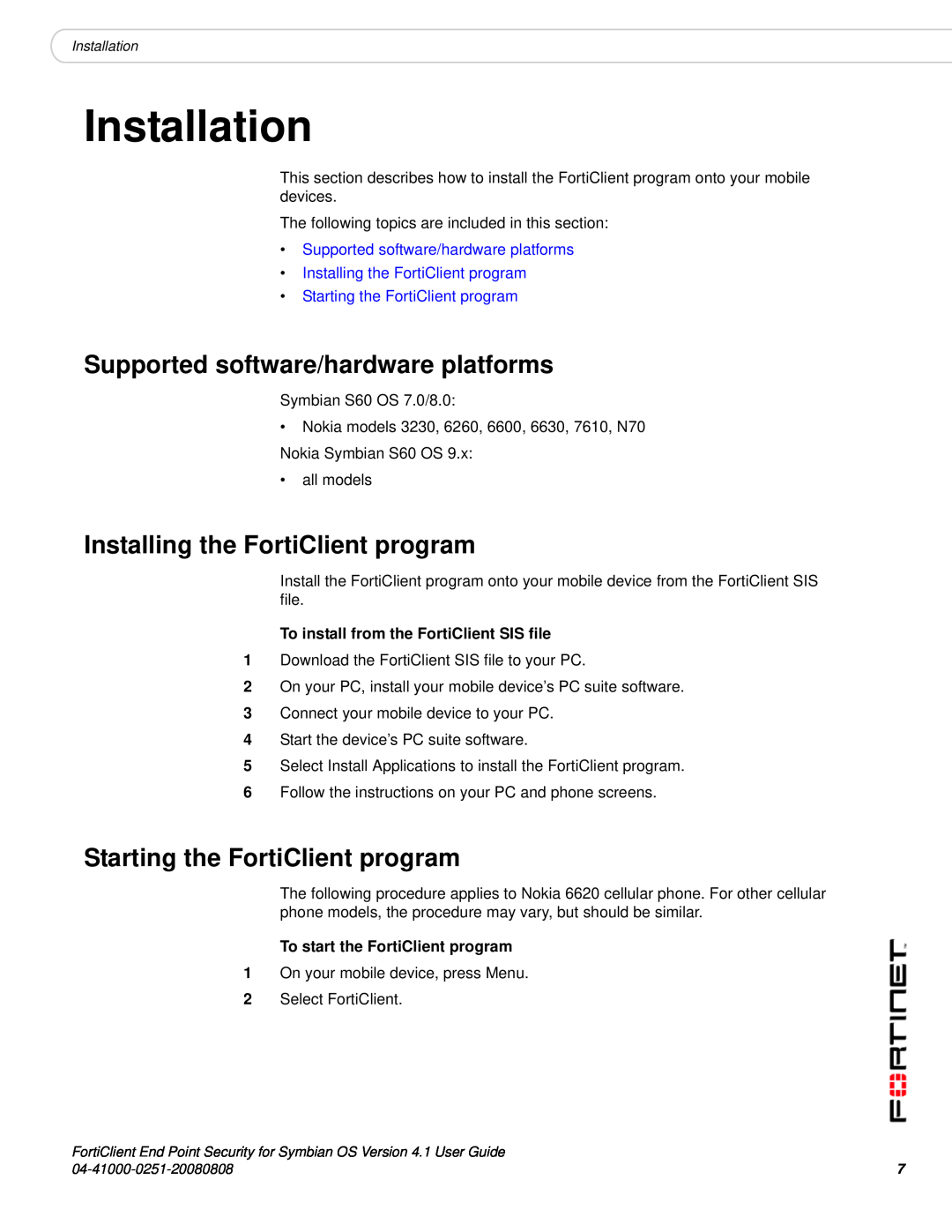Fortinet Version 4.1 manual Installation, Supported software/hardware platforms, Installing the FortiClient program 
