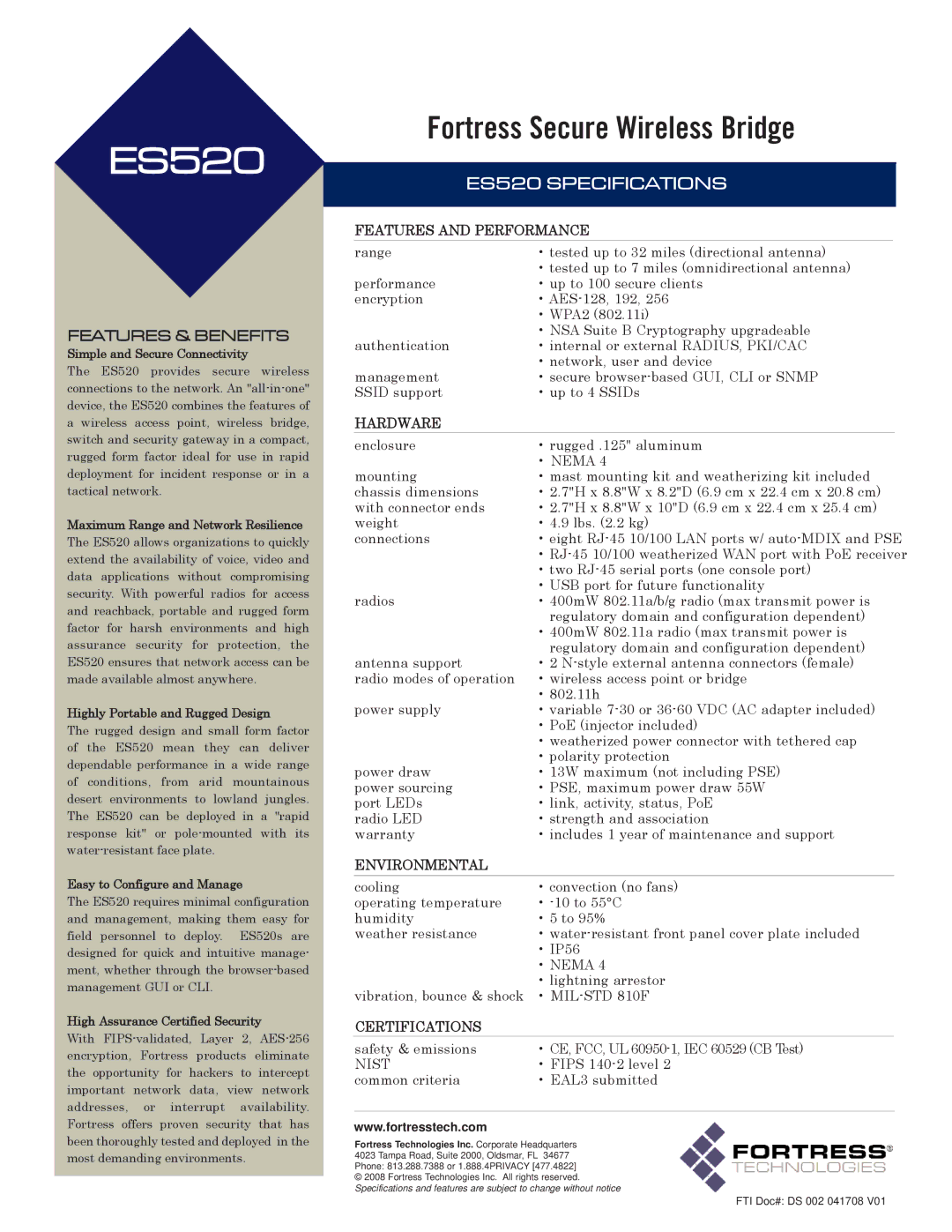 Fortress Technologies ES520 manual Features and Performance, Hardware, Environmental, Certifications 