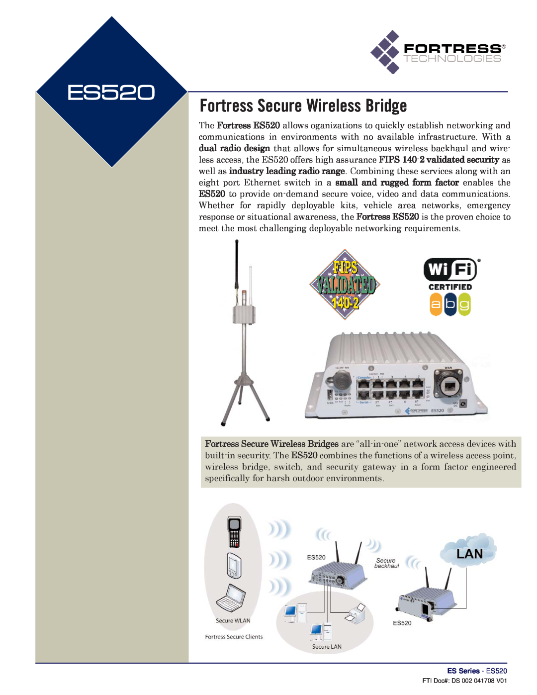 Fortress Technologies ES520 manual Fortress Secure Wireless Bridge 