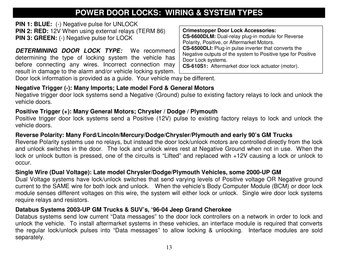 Fortress Technologies FS-50 manual Power Door Locks Wiring & System Types 