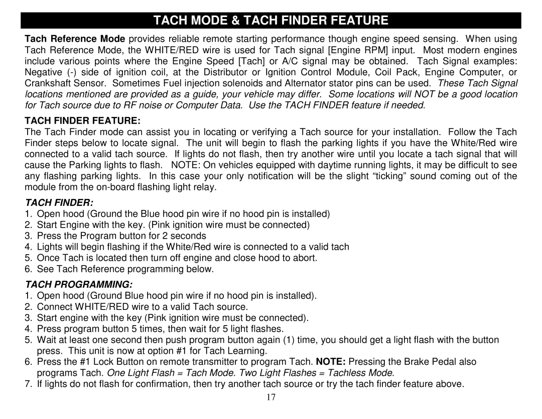 Fortress Technologies FS-50 manual Tach Mode & Tach Finder Feature, Tach Programming 