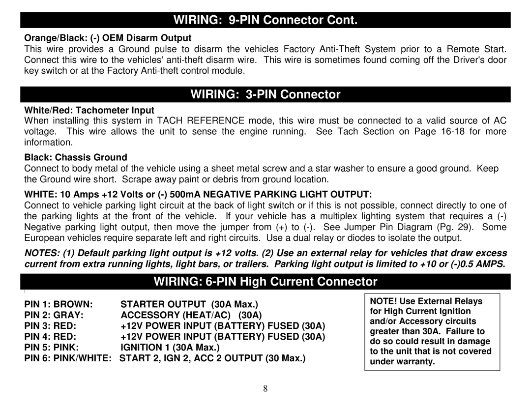 Fortress Technologies FS-50 manual Wiring 3-PIN Connector, Wiring 6-PIN High Current Connector 