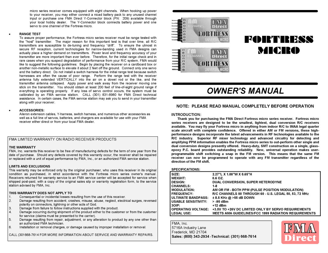 Fortress Technologies Micro owner manual Range Test, Accessories, Warranty, Specifications Size, Ultimate Bandpass, 3OIP 