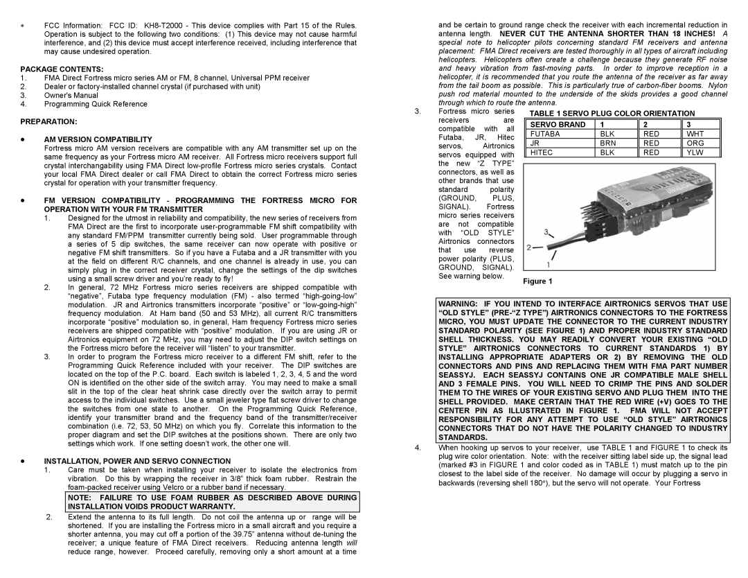 Fortress Technologies Micro Package Contents, Servo Plug Color Orientation, Preparation AM Version Compatibility 