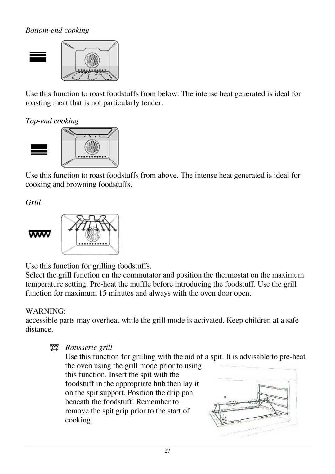 Foster 18 7167-042 manual Bottom-end cooking, Top-end cooking, Grill, Rotisserie grill 