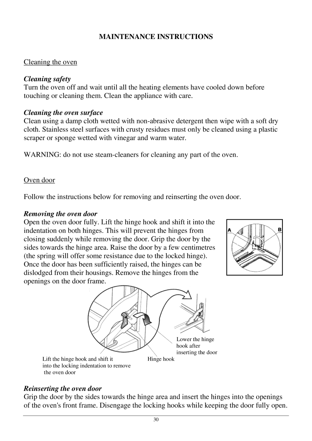 Foster 18 7167-042 manual Maintenance Instructions, Cleaning safety, Cleaning the oven surface, Removing the oven door 