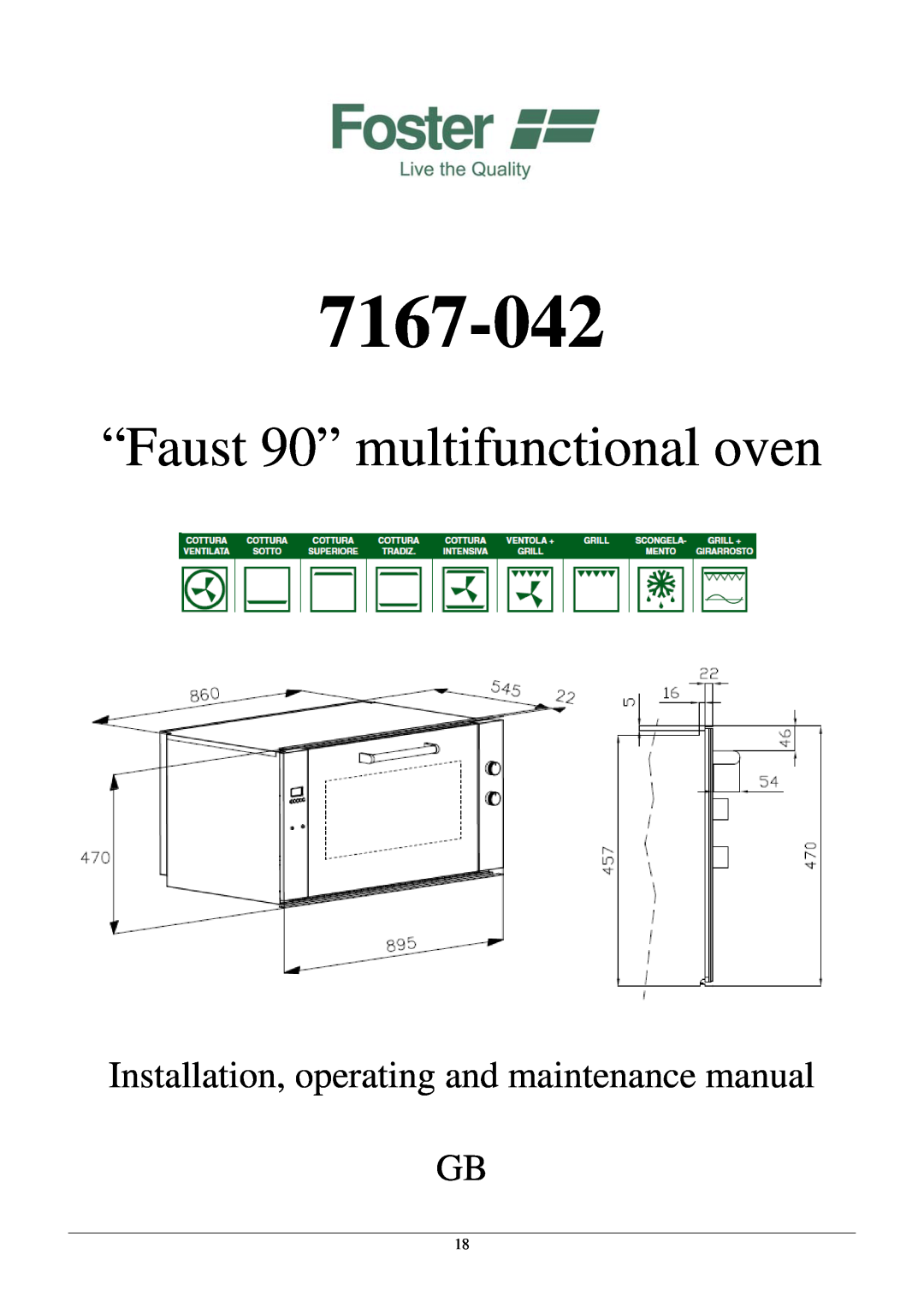 Foster 18 7167-042 manual “Faust 90” multifunctional oven, Installation, operating and maintenance manual GB 