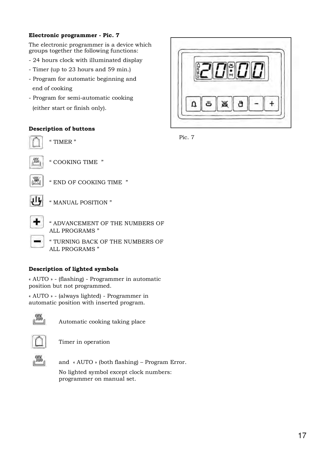 Foster 7120 043 user manual Electronic programmer Pic, Description of buttons, Description of lighted symbols 