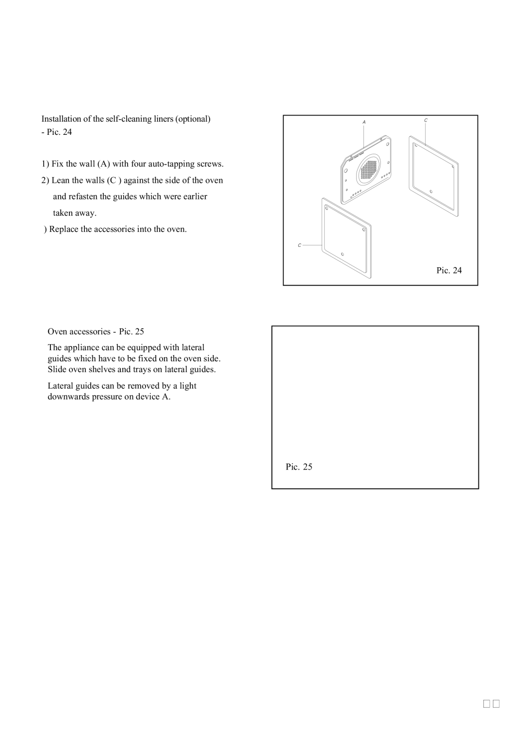 Foster 7120 043 user manual Installation of the self-cleaning liners optional Pic, Oven accessories Pic 