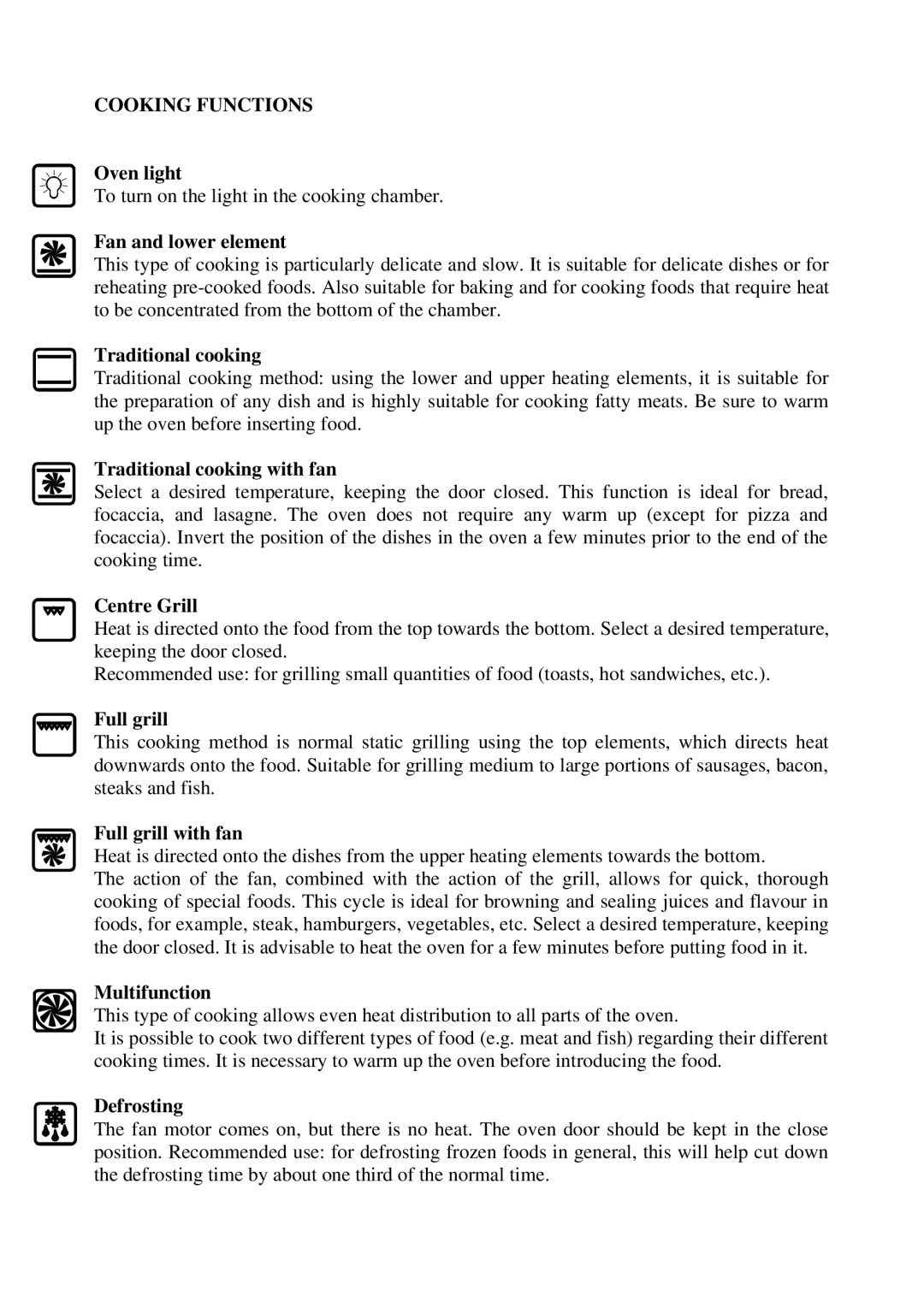 Foster 7123040 user manual Cooking Functions 