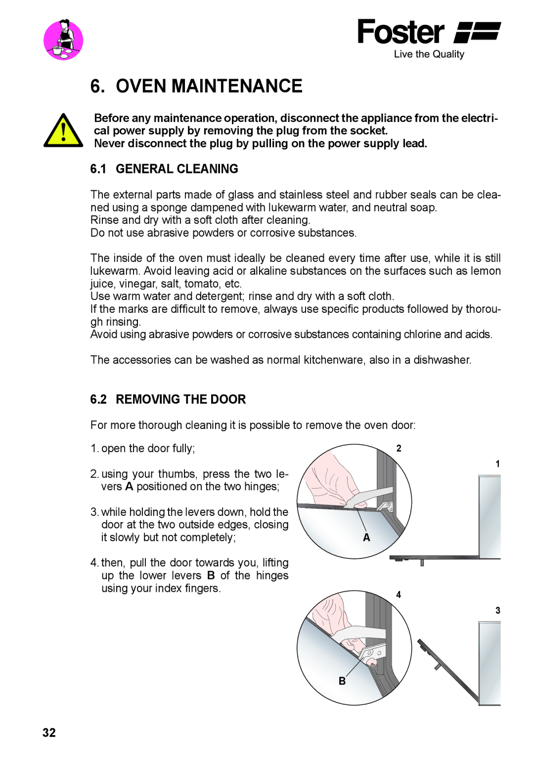 Foster 7170 052, 7172 042 user manual Oven Maintenance, General Cleaning, Removing the Door 