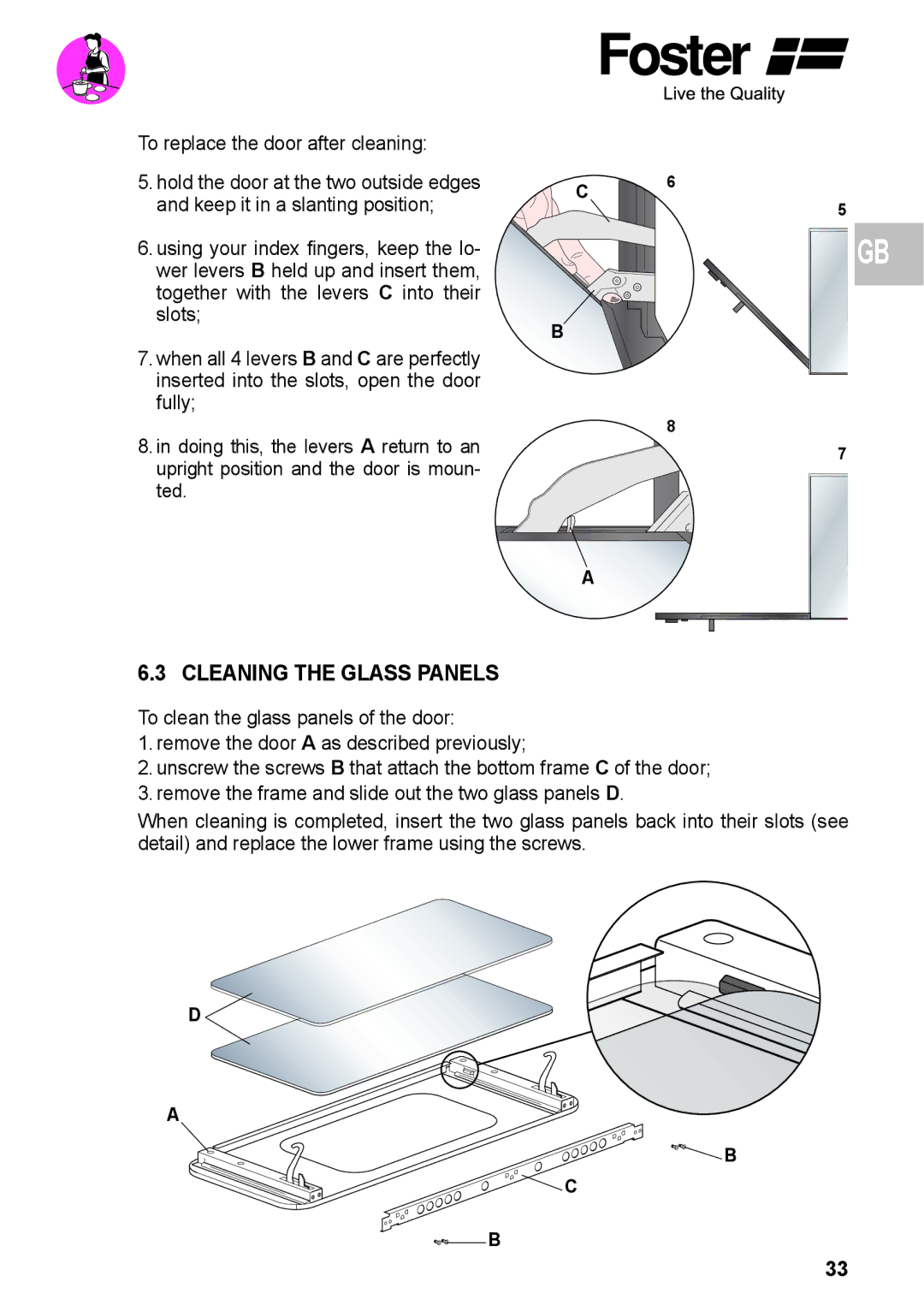 Foster 7172 042, 7170 052 user manual Cleaning the Glass Panels 