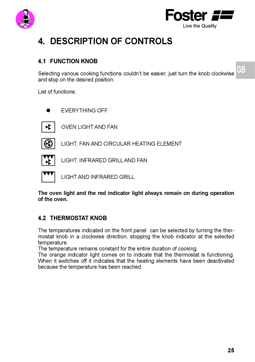 Foster 7172 042, 7170 052 user manual Description of Controls, Function Knob, Thermostat Knob 