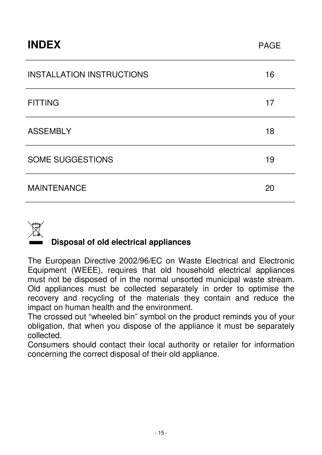 Foster 7236 user manual Index, Disposal of old electrical appliances 