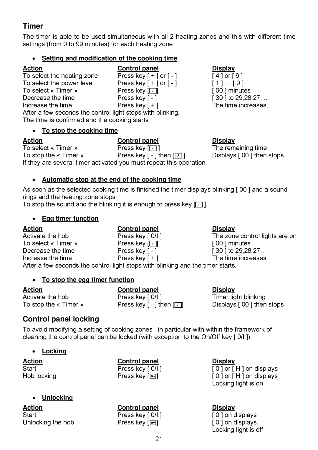 Foster 7322 240, 7321 240 user manual Timer, Control panel locking 