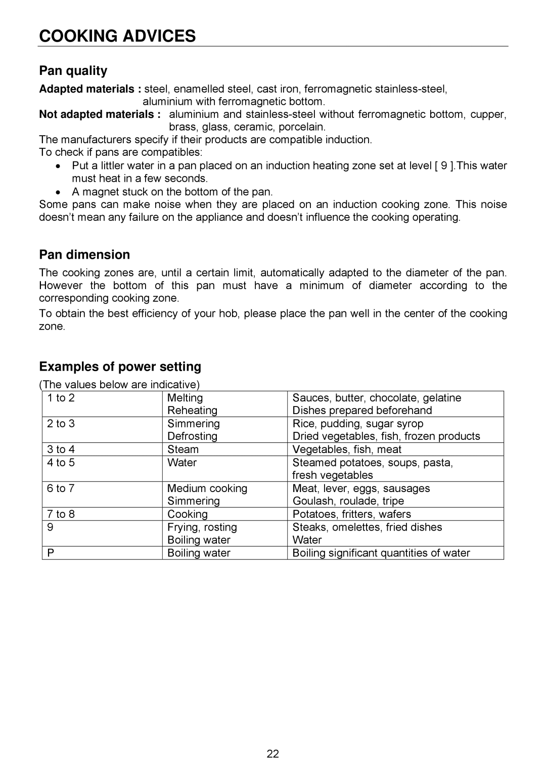 Foster 7321 240, 7322 240 user manual Cooking Advices, Pan quality, Pan dimension, Examples of power setting 