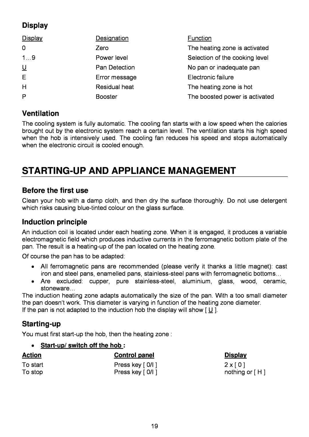 Foster 7322 240 Starting-Upand Appliance Management, Display, Ventilation, Before the first use, Induction principle 