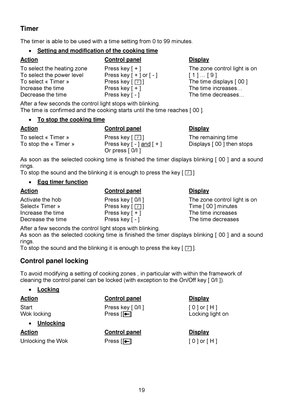 Foster 7325 440 user manual Timer, Control panel locking 