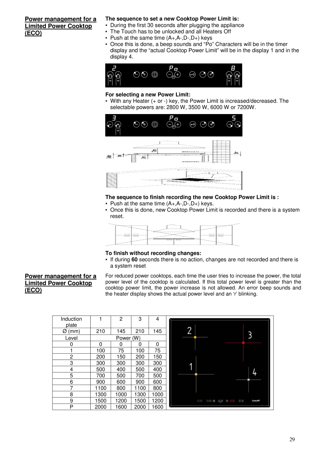 Foster 7372 241 user manual Power management for a Limited Power Cooktop ECO, Sequence to set a new Cooktop Power Limit is 