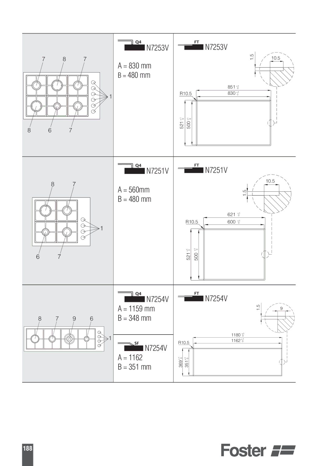 Foster 9606801 user manual N7253V = 830 mm = 480 mm, N7251V, = 560mm = 480 mm, N7254V = 1159 mm = 348 mm, N7254V = 351 mm 